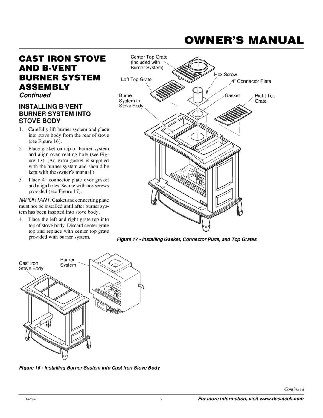 Desa FSBVBPC, FSBVBNC Installing B-VENT Burner System Into Stove Body, Installing Gasket, Connector Plate, and Top Grates 