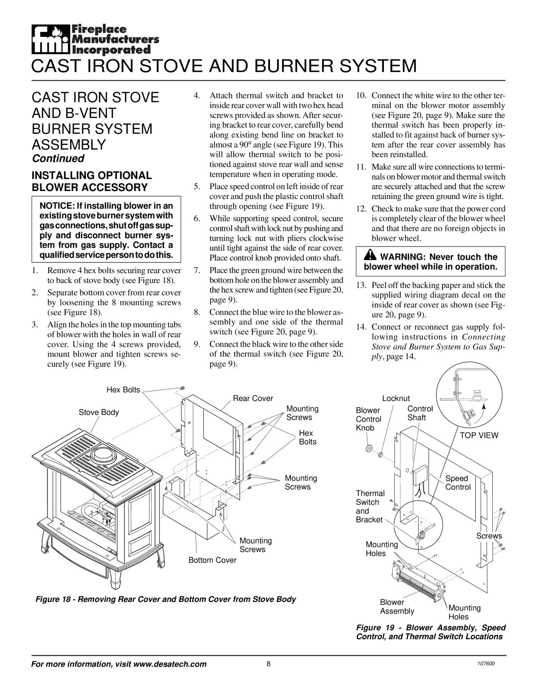 Desa FSBVBNC, FSBVBPC installation manual Installing Optional Blower Accessory, TOP View 