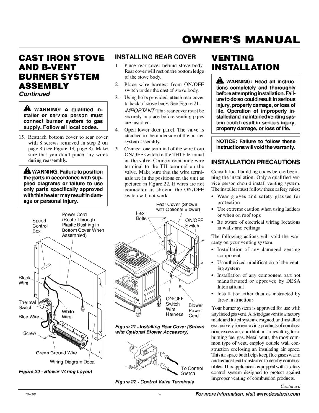 Desa FSBVBPC, FSBVBNC installation manual Venting Installation, Installing Rear Cover, Installation Precautions 