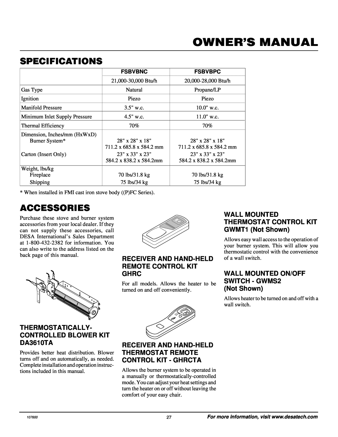 Desa FSBVBPC, FSBVBNC installation manual Specifications, Accessories, Receiver And Hand-Heldremote Control Kit Ghrc 