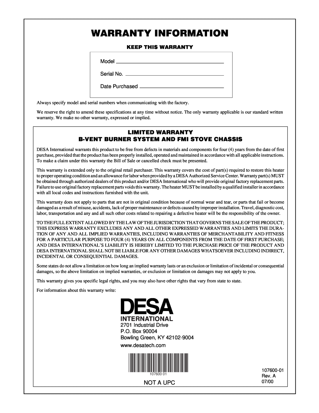 Desa FSBVBNC, FSBVBPC installation manual International, Warranty Information, Not A Upc, Model Serial No Date Purchased 