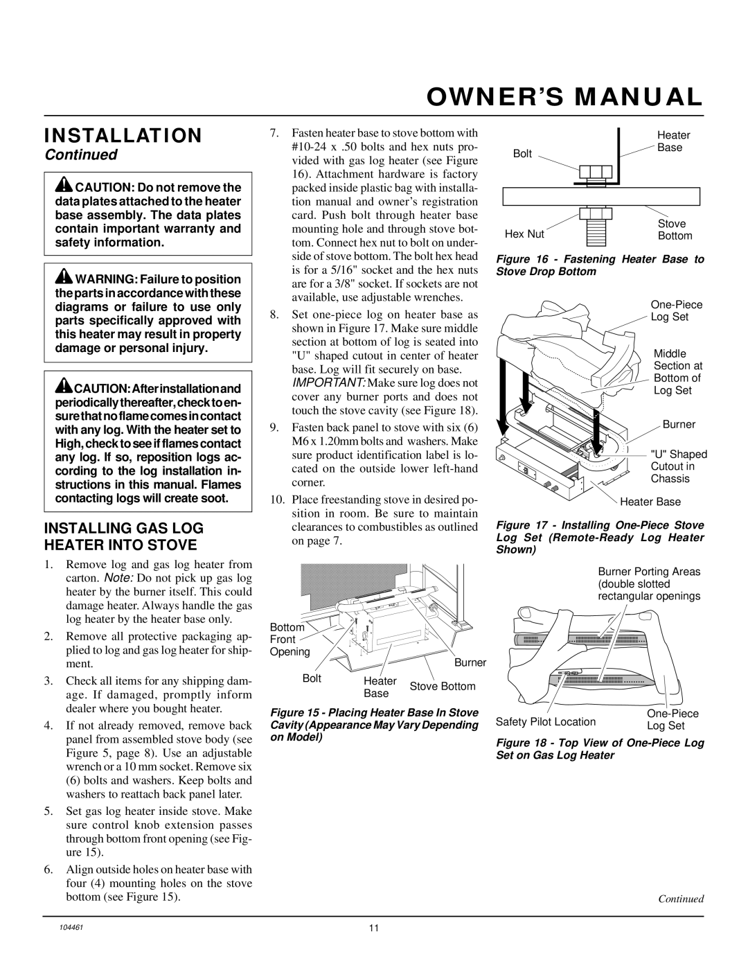 Desa (F)SVYD18NR installation manual Installing GAS LOG Heater Into Stove, Fastening Heater Base to Stove Drop Bottom 