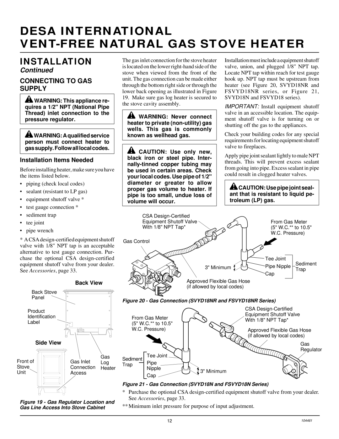 Desa (F)SVYD18NR installation manual Connecting to GAS Supply, Installation Items Needed 