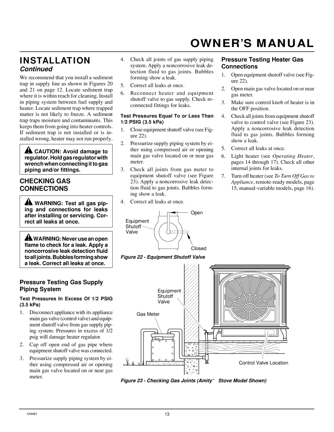 Desa (F)SVYD18NR installation manual Checking GAS Connections, Pressure Testing Heater Gas Connections 