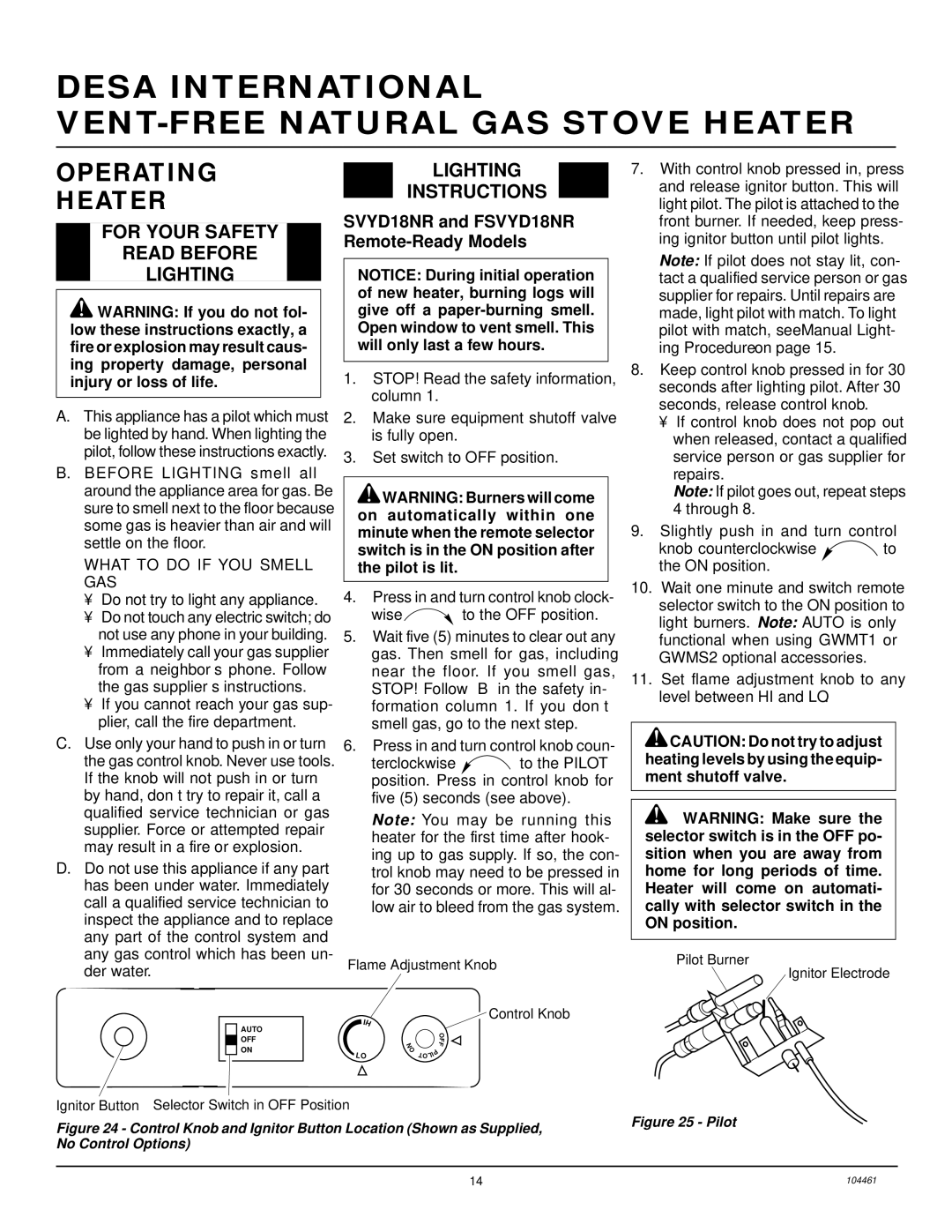 Desa (F)SVYD18NR installation manual Operating Heater, For Your Safety Read Before Lighting, Lighting Instructions 