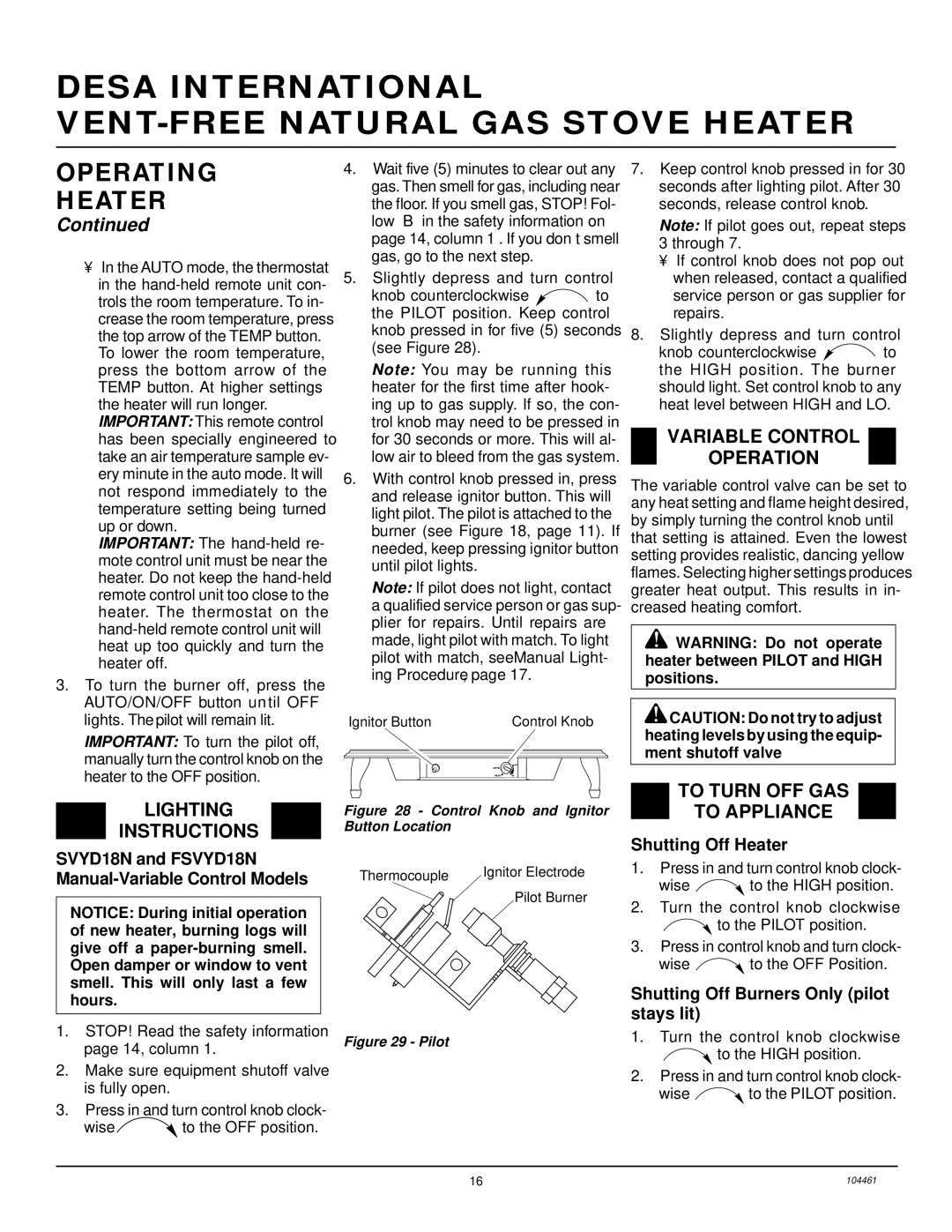 Desa (F)SVYD18NR installation manual Variable Control Operation, SVYD18N and FSVYD18N Manual-Variable Control Models 