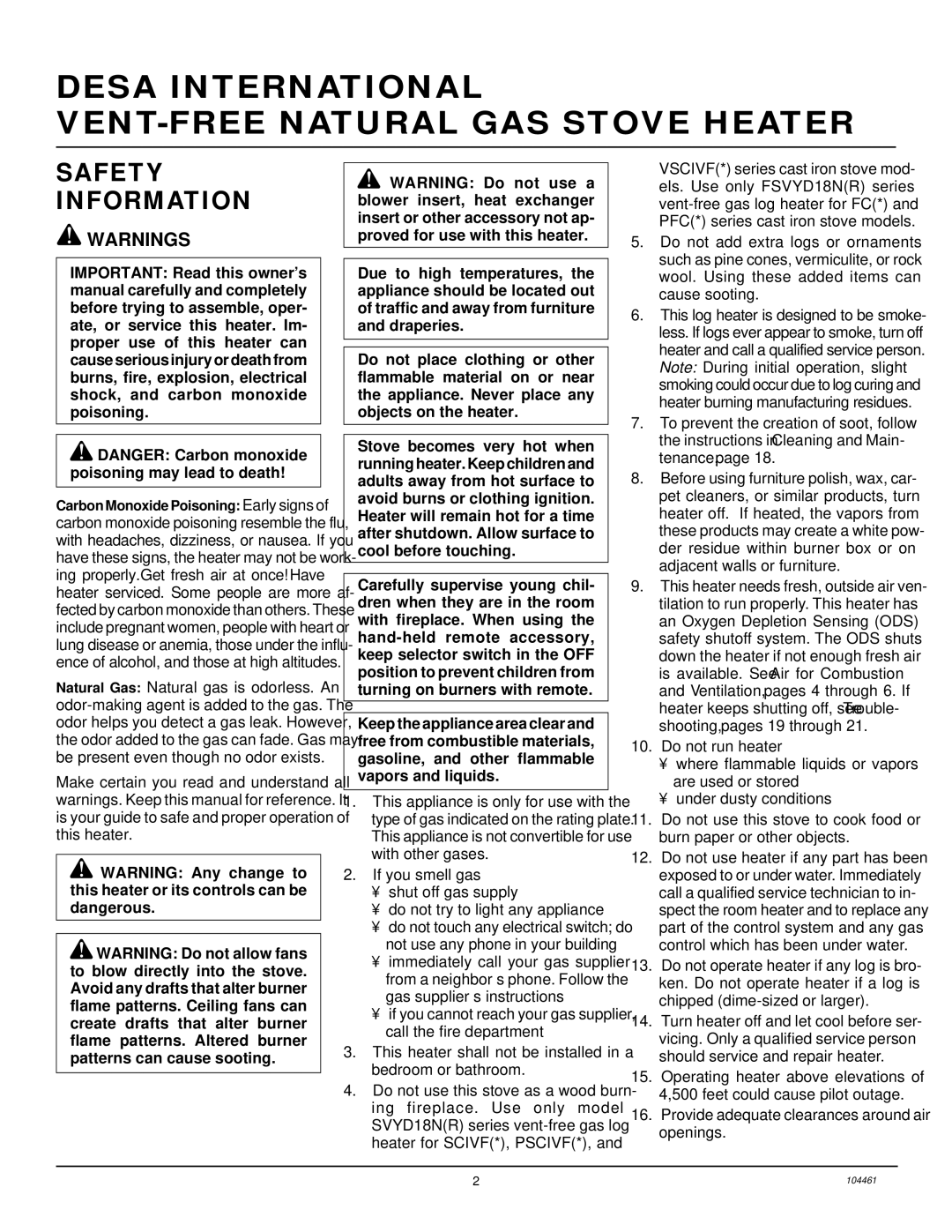 Desa (F)SVYD18NR installation manual Desa International VENT-FREE Natural GAS Stove Heater, Safety Information 