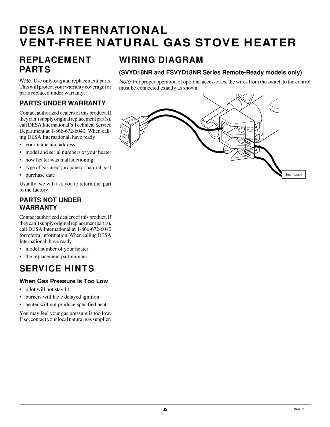 Desa (F)SVYD18N Replacement Parts, Service Hints, Wiring Diagram, Parts Under Warranty, Parts not Under Warranty 