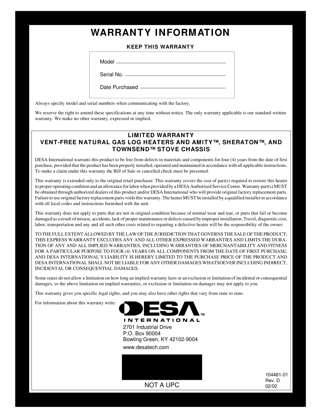 Desa (F)SVYD18NR installation manual Warranty Information 