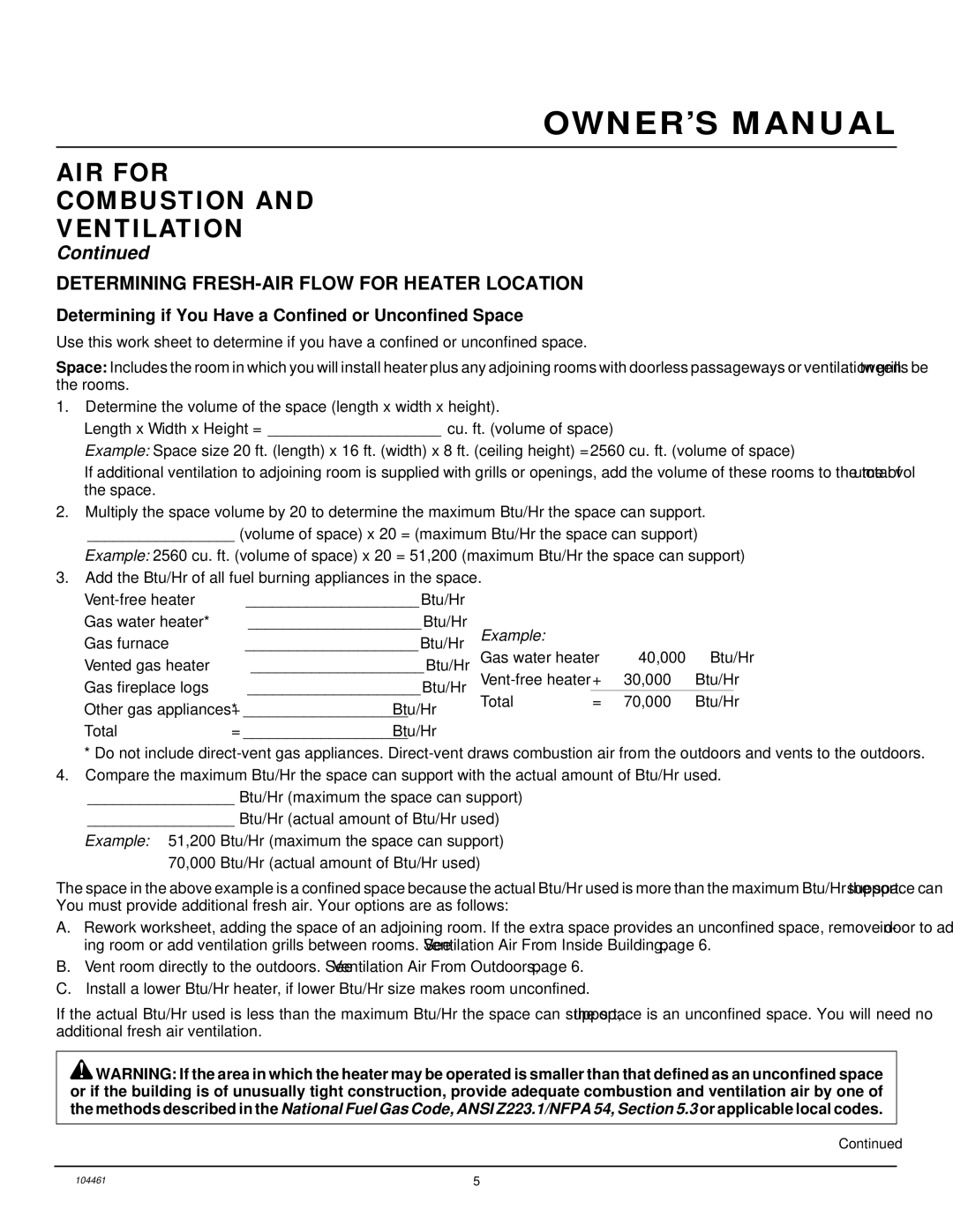 Desa (F)SVYD18NR installation manual AIR for Combustion Ventilation, Determining FRESH-AIR Flow for Heater Location 