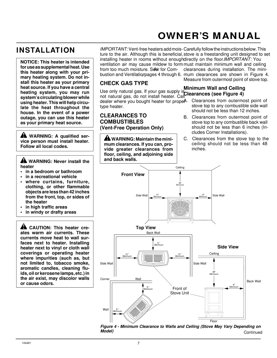 Desa (F)SVYD18NR installation manual Installation, Check GAS Type, Clearances to Combustibles, Vent-Free Operation Only 