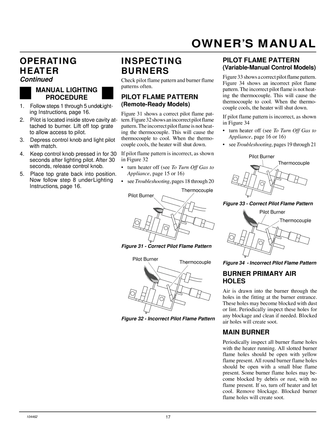 Desa FSVYD18P installation manual Inspecting Burners, Pilot Flame Pattern, Burner Primary AIR Holes, Main Burner 