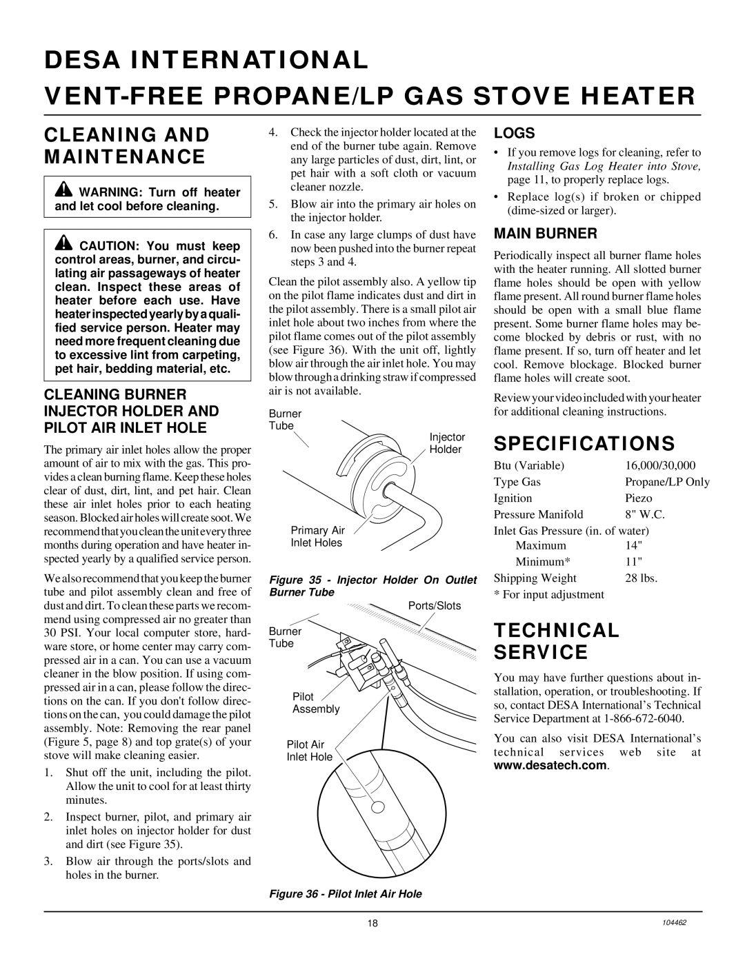 Desa FSVYD18P installation manual Cleaning and Maintenance, Specifications, Technical Service, Logs 