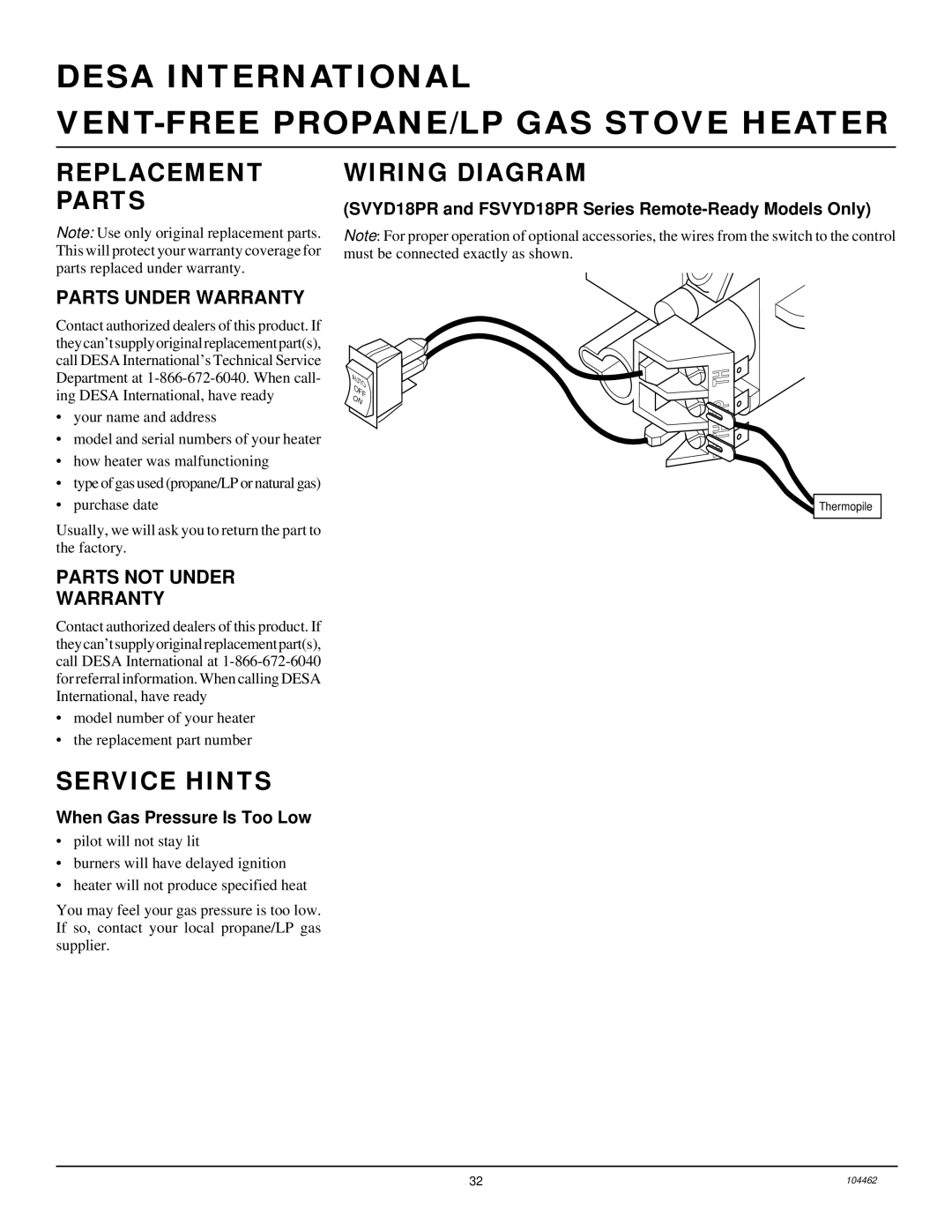 Desa FSVYD18P Replacement Parts, Wiring Diagram, Service Hints, Parts Under Warranty, Parts not Under Warranty 