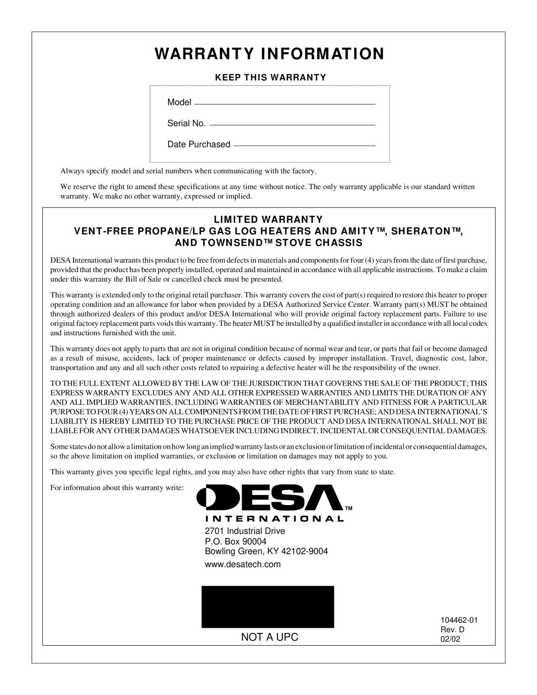 Desa FSVYD18P installation manual Warranty Information 