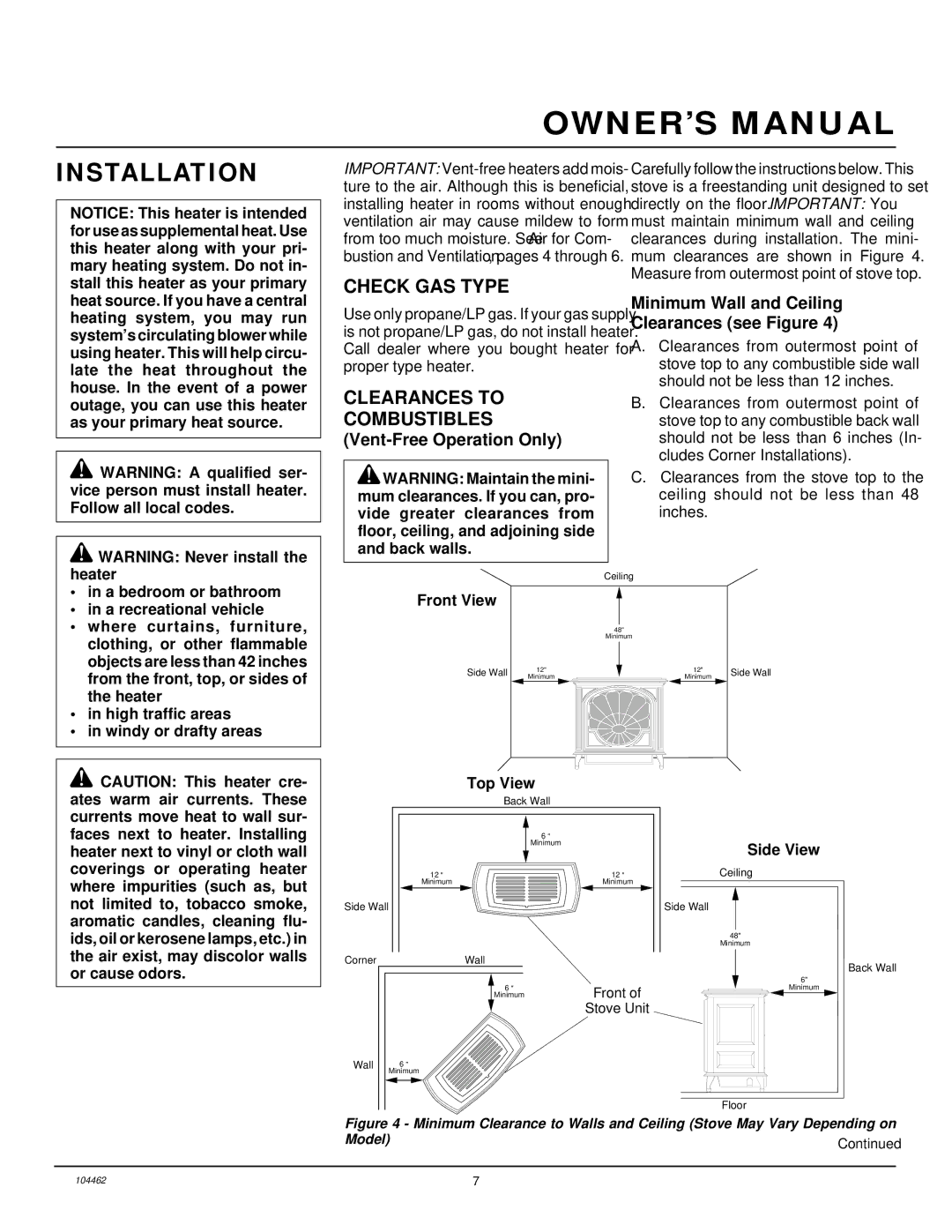 Desa FSVYD18P installation manual Installation, Check GAS Type, Clearances to Combustibles, Vent-Free Operation Only 