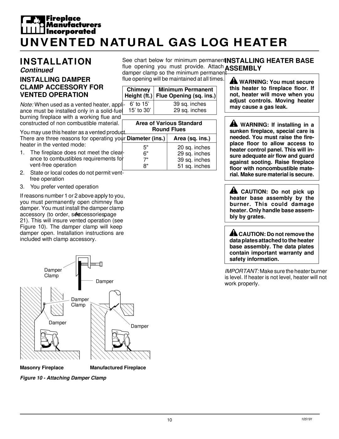 Desa FVF30N installation manual Installing Damper Clamp Accessory for Vented Operation, Installing Heater Base Assembly 