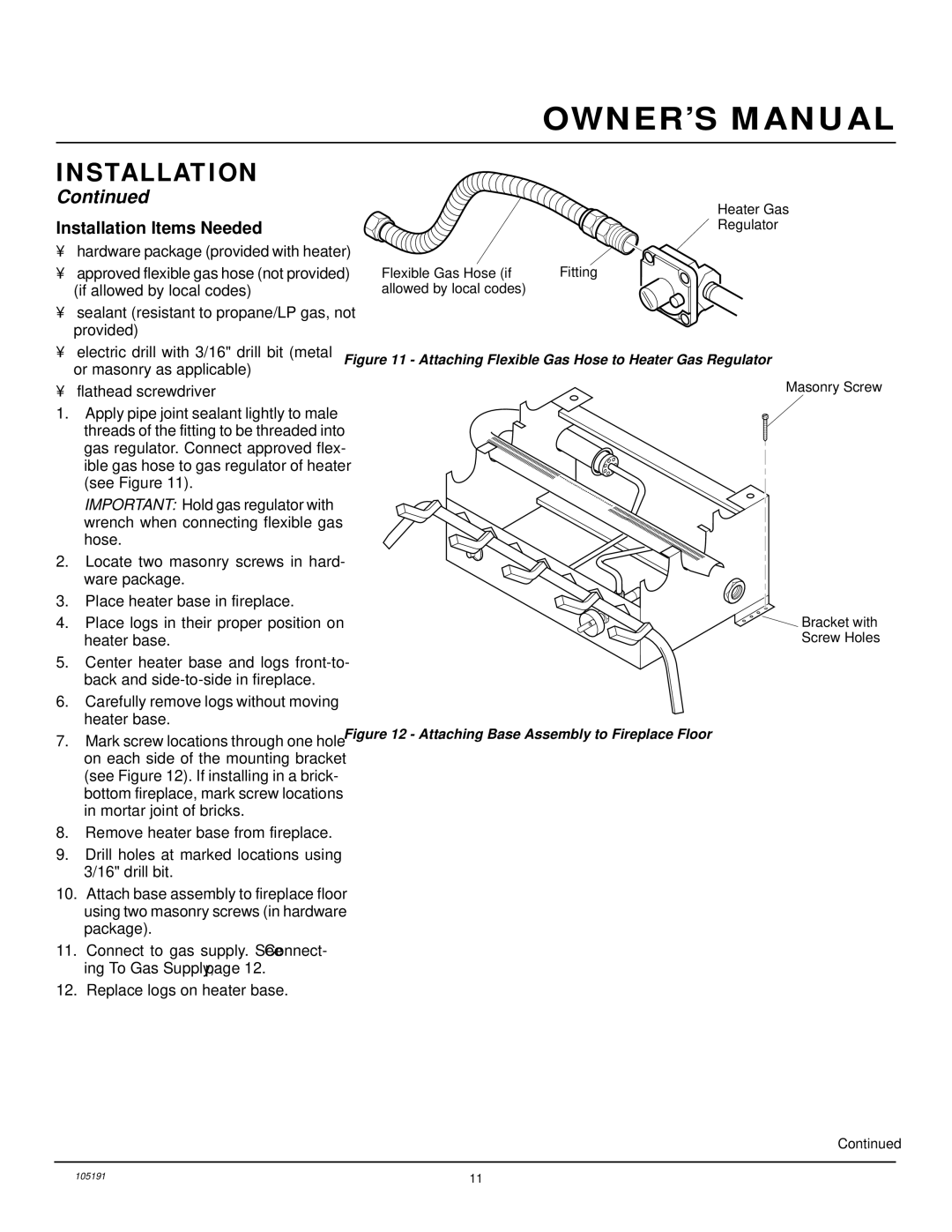 Desa FVF30N installation manual Installation Items Needed, Attaching Flexible Gas Hose to Heater Gas Regulator 