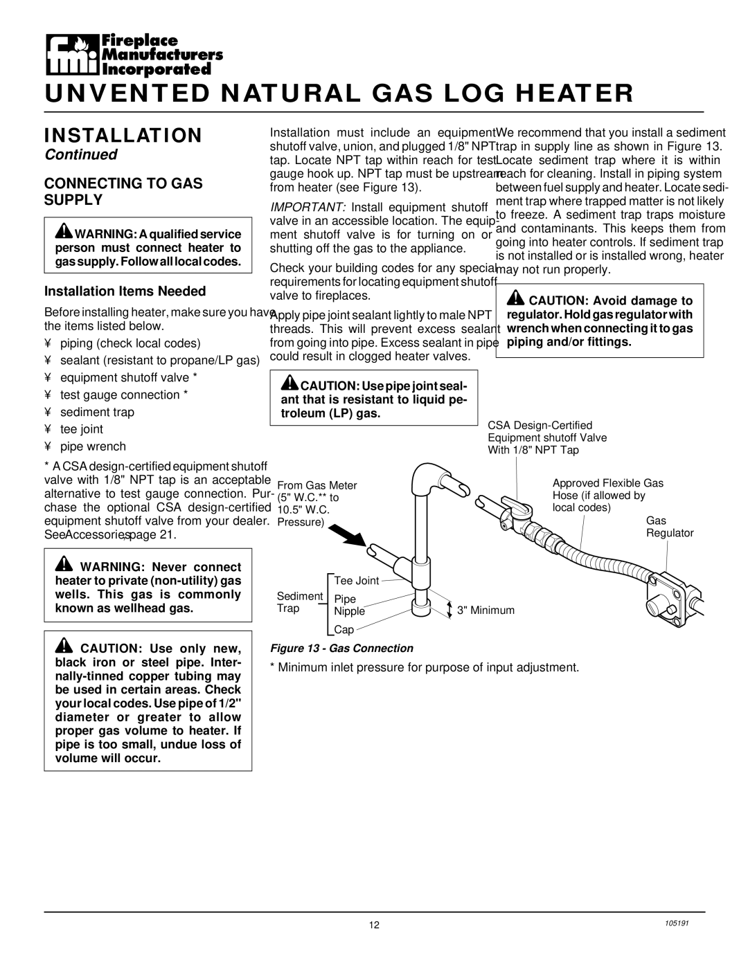 Desa FVF30N installation manual Connecting to GAS Supply, Gas Connection 