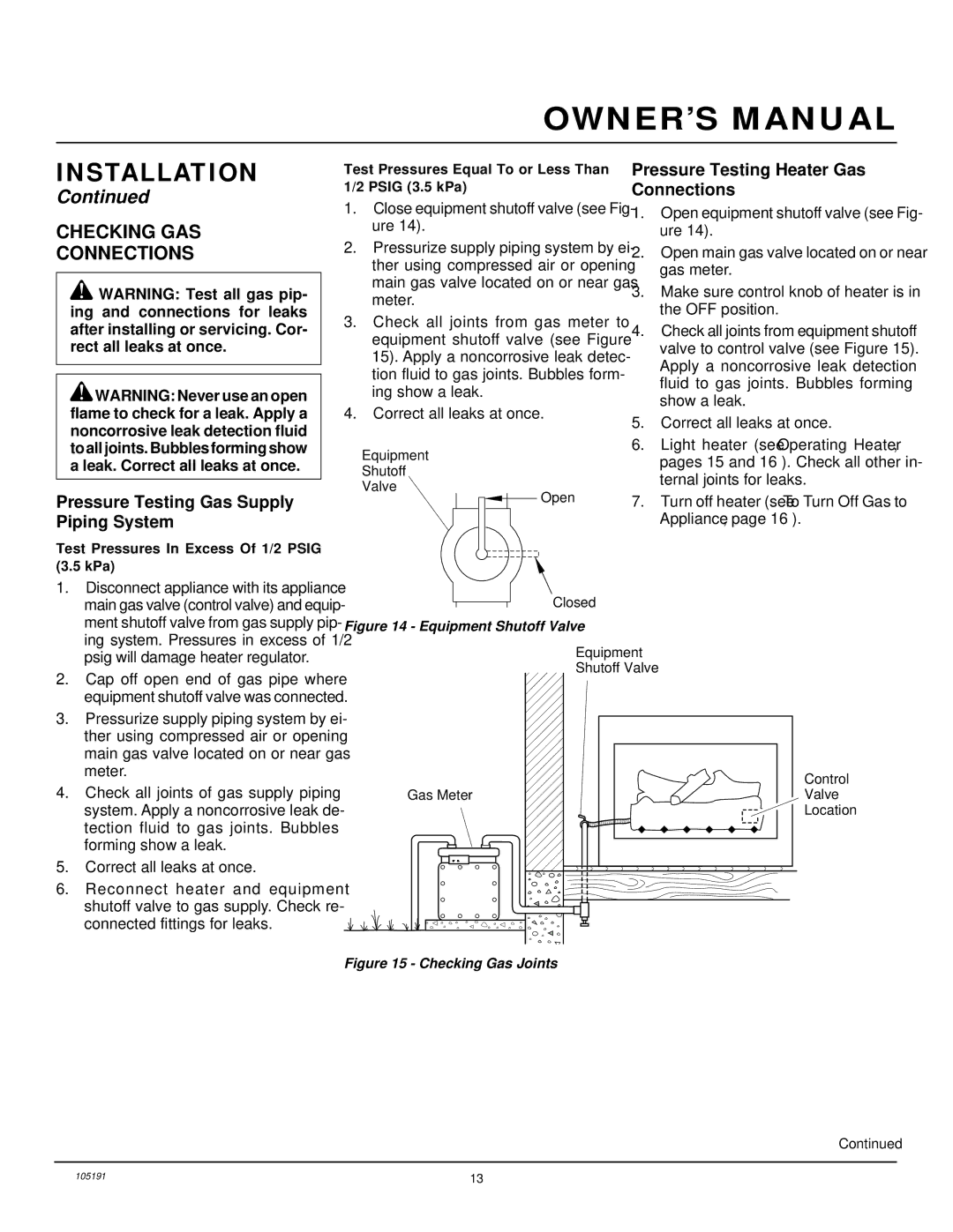 Desa FVF30N Checking GAS Connections, Pressure Testing Gas Supply Piping System, Pressure Testing Heater Gas Connections 