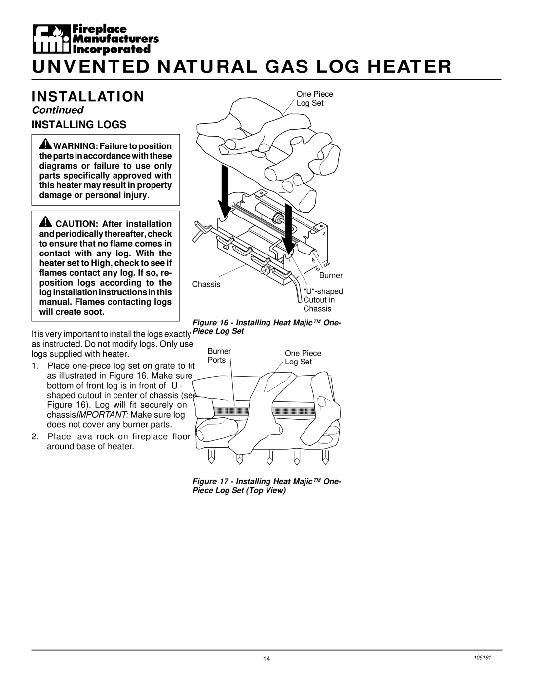 Desa FVF30N installation manual Installing Logs, Installing Heat Majic One- Piece Log Set 