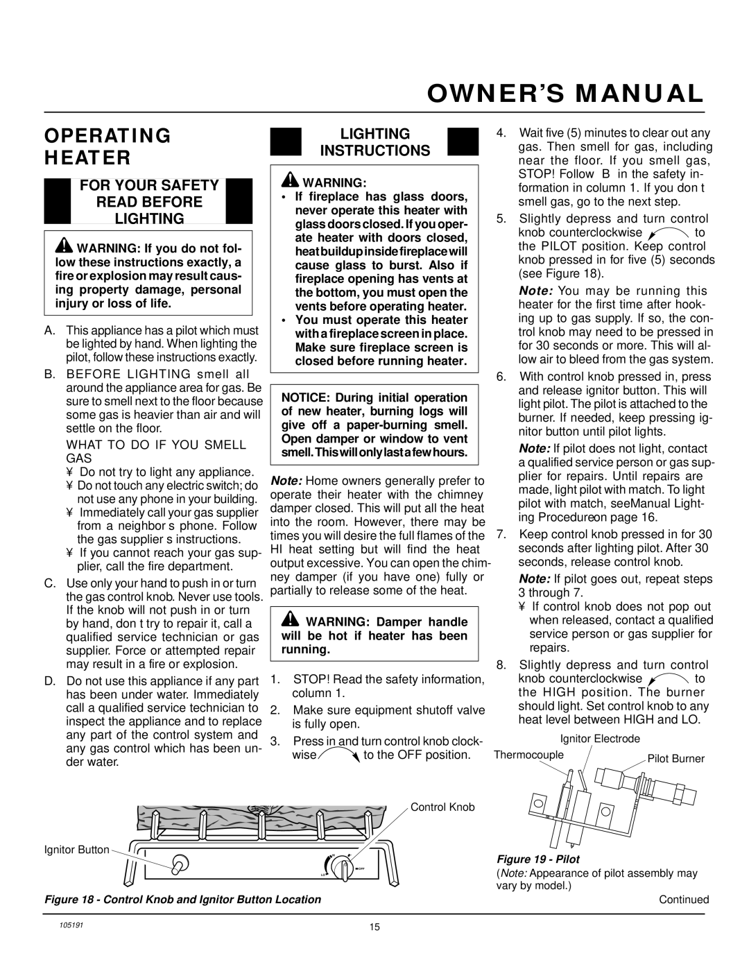 Desa FVF30N installation manual Operating Heater, For Your Safety Read Before Lighting, Lighting Instructions 