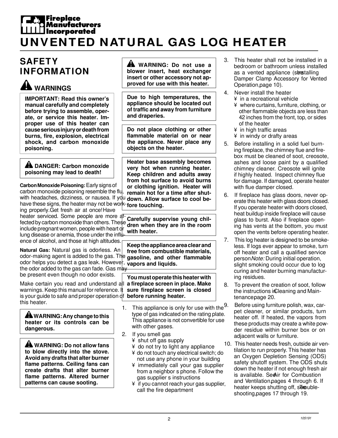 Desa FVF30N installation manual Unvented Natural GAS LOG Heater, Safety Information 