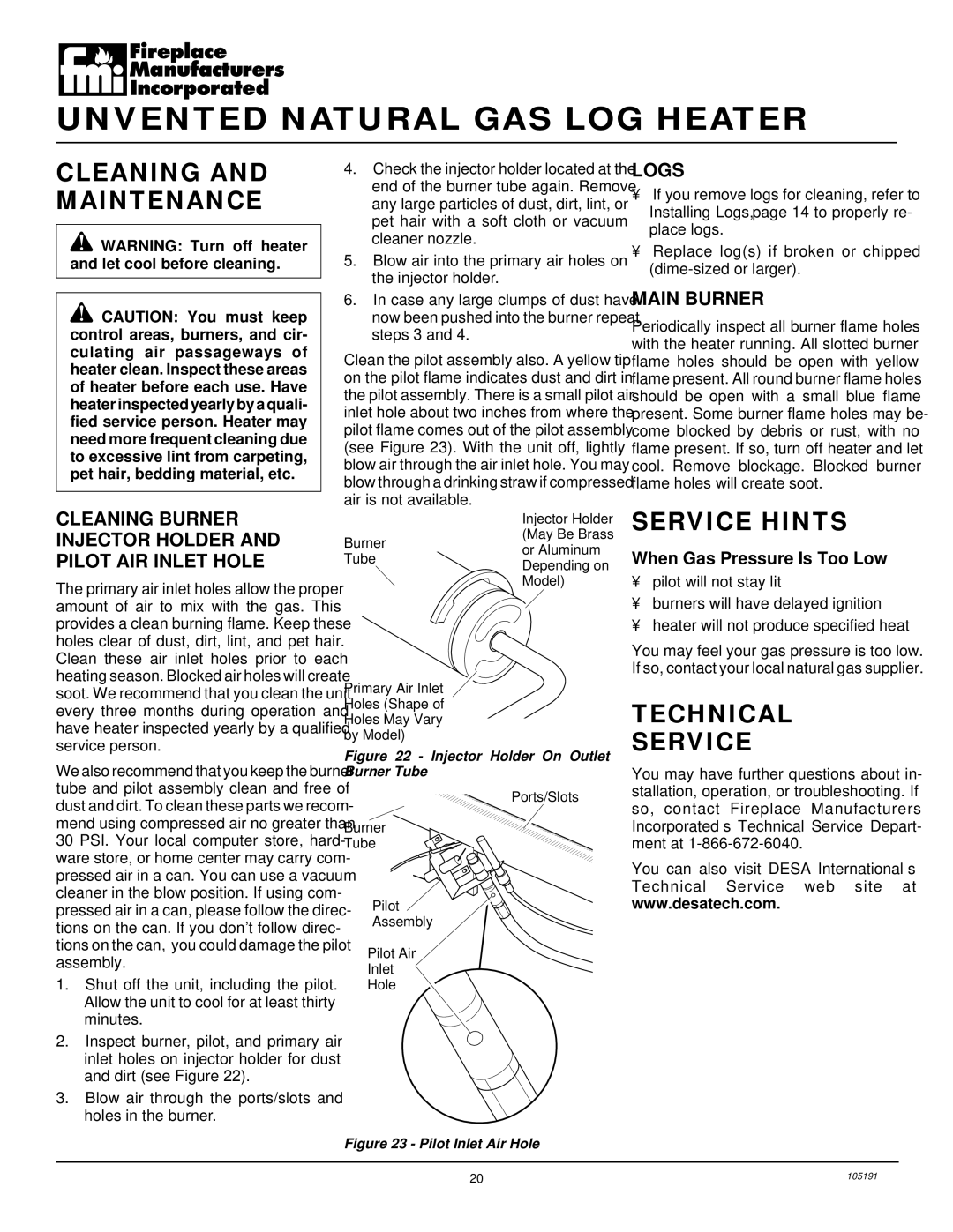 Desa FVF30N installation manual Cleaning and Maintenance, Service Hints, Technical Service, Logs 