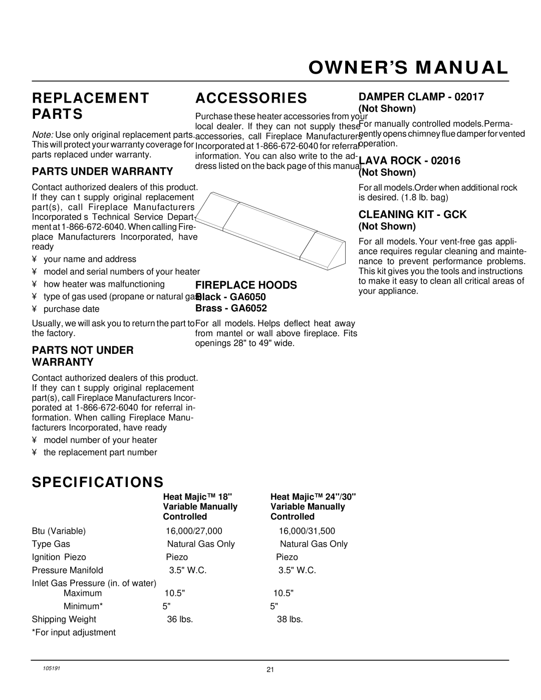 Desa FVF30N installation manual Replacement Parts, Accessories, Specifications 