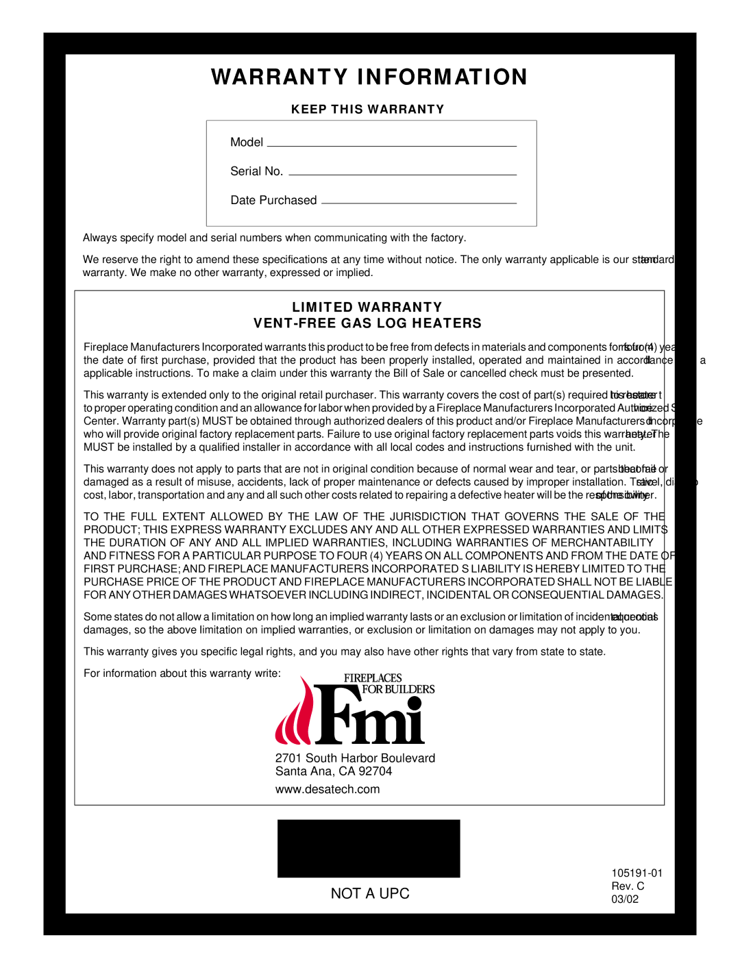 Desa FVF30N installation manual Warranty Information 