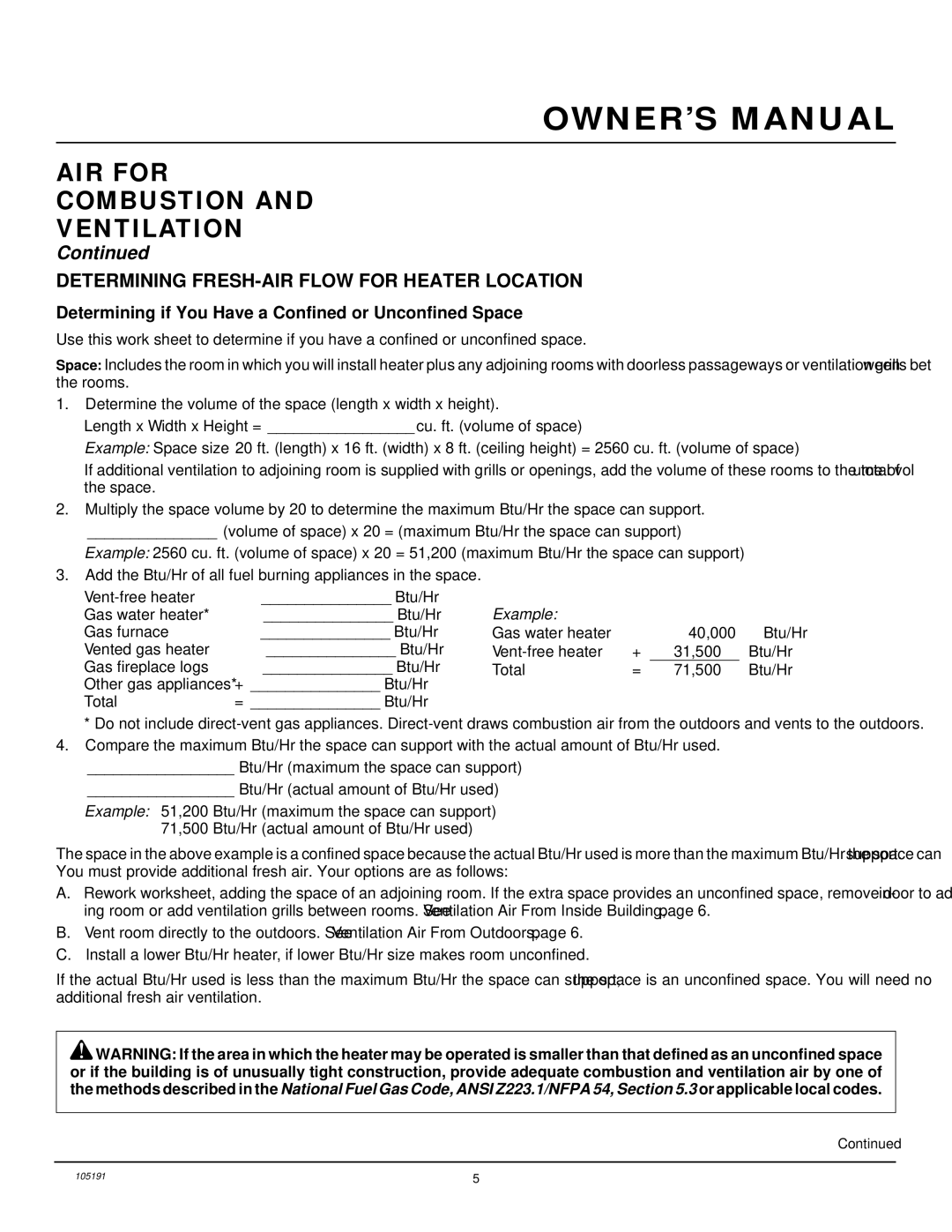 Desa FVF30N installation manual AIR for Combustion Ventilation, Determining FRESH-AIR Flow for Heater Location 