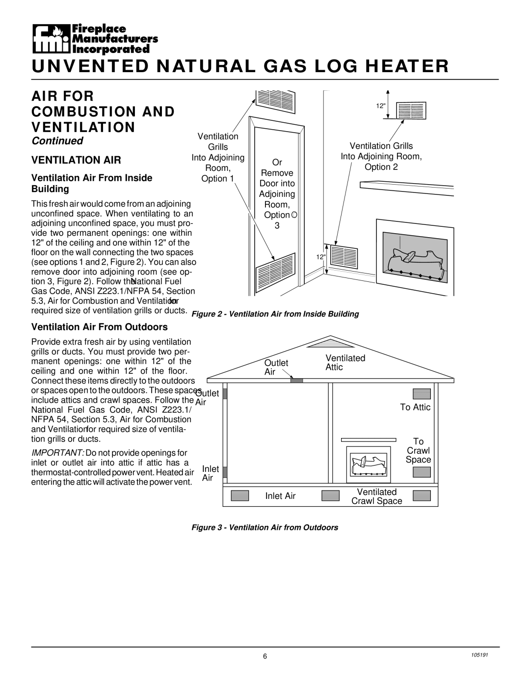 Desa FVF30N installation manual Ventilation AIR, Ventilation Air From Inside, Building, Ventilation Air From Outdoors 