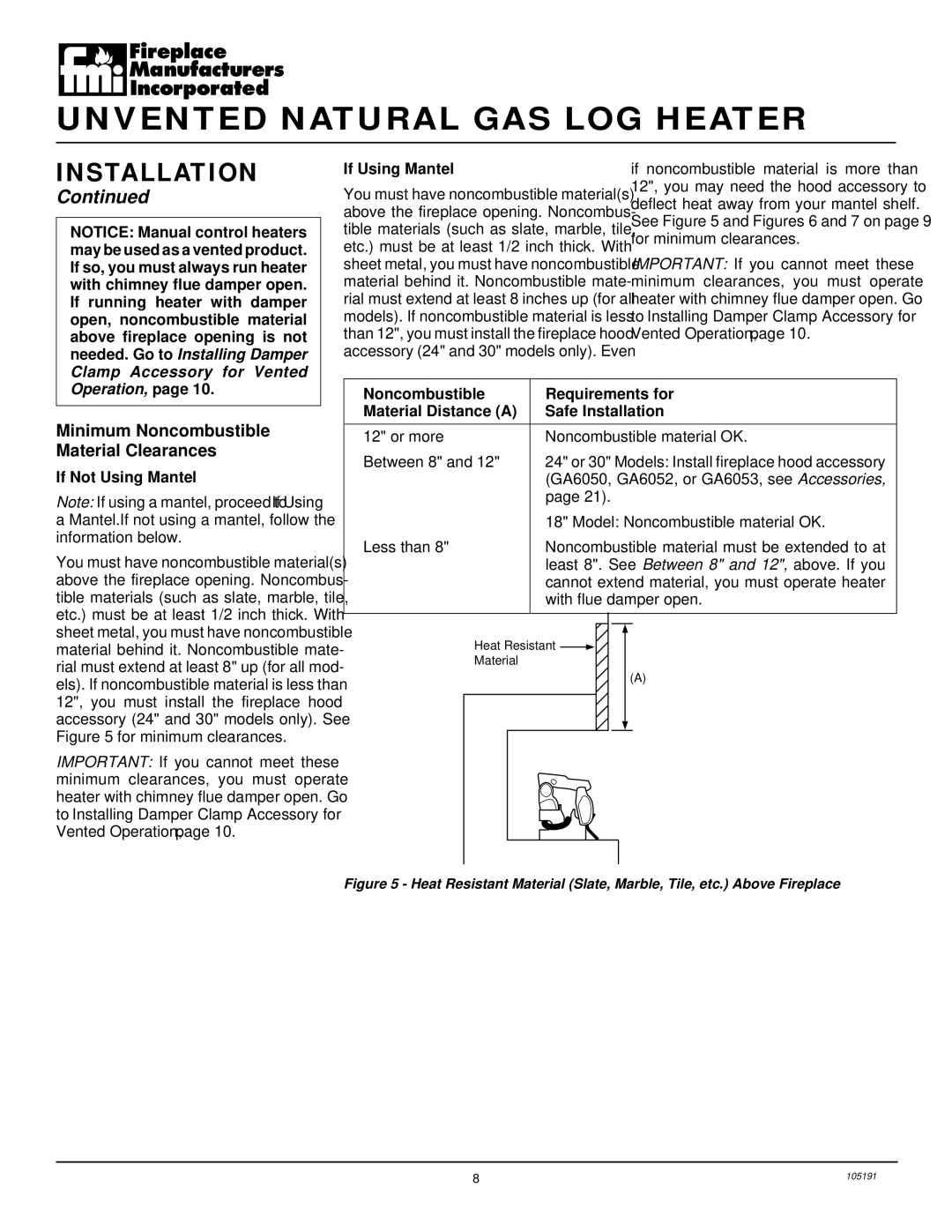 Desa FVF30N installation manual Minimum Noncombustible Material Clearances, If Using Mantel, If Not Using Mantel 