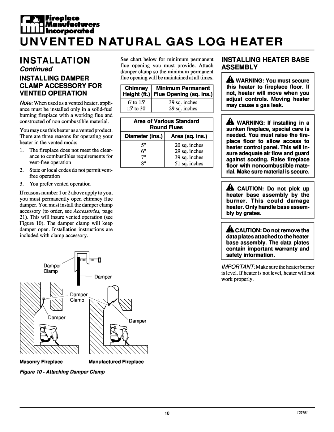 Desa FVF30N installation manual Installing Heater Base Assembly, Unvented Natural Gas Log Heater, Installation, Continued 