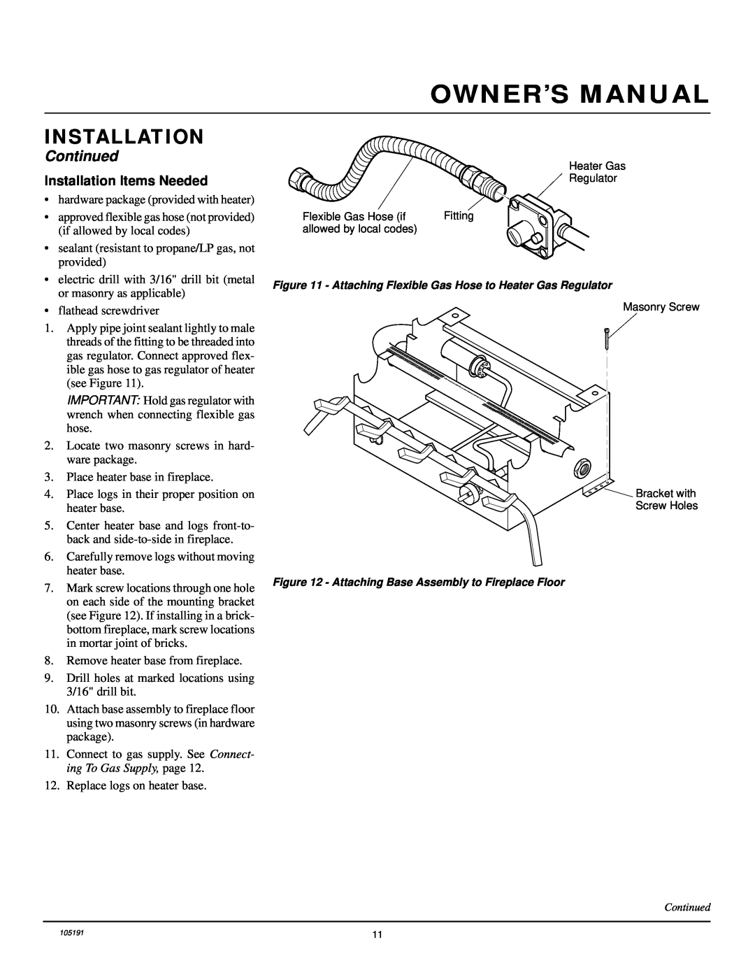 Desa FVF30N installation manual Owner’S Manual, Continued, Installation Items Needed 