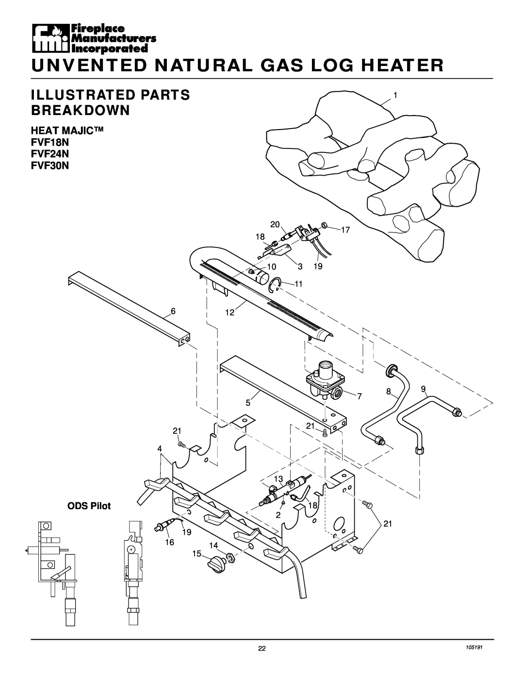 Desa Illustrated Parts, Breakdown, HEAT MAJIC FVF18N FVF24N FVF30N, Unvented Natural Gas Log Heater, 105191 