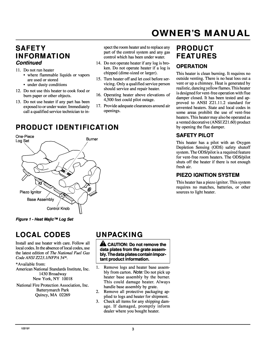 Desa FVF30N Owner’S Manual, Product Features, Product Identification, Local Codes, Unpacking, Continued, Operation 