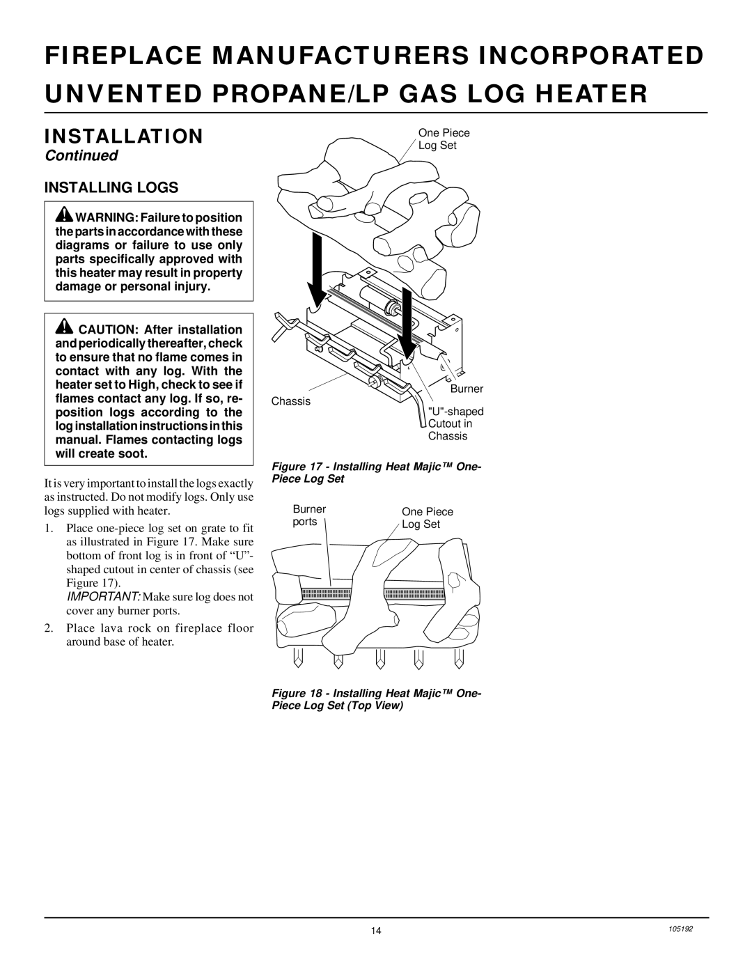 Desa FVF18P, FVF30P, FVF24P installation manual Installing Logs, Installing Heat Majic One- Piece Log Set 