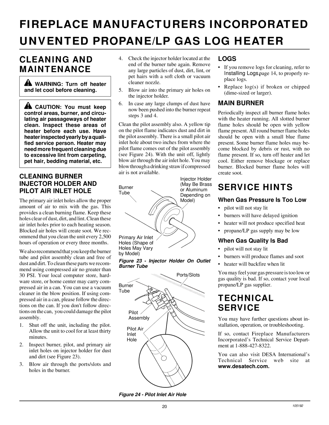 Desa FVF18P, FVF30P, FVF24P installation manual Cleaning and Maintenance, Service Hints, Technical Service, Logs 