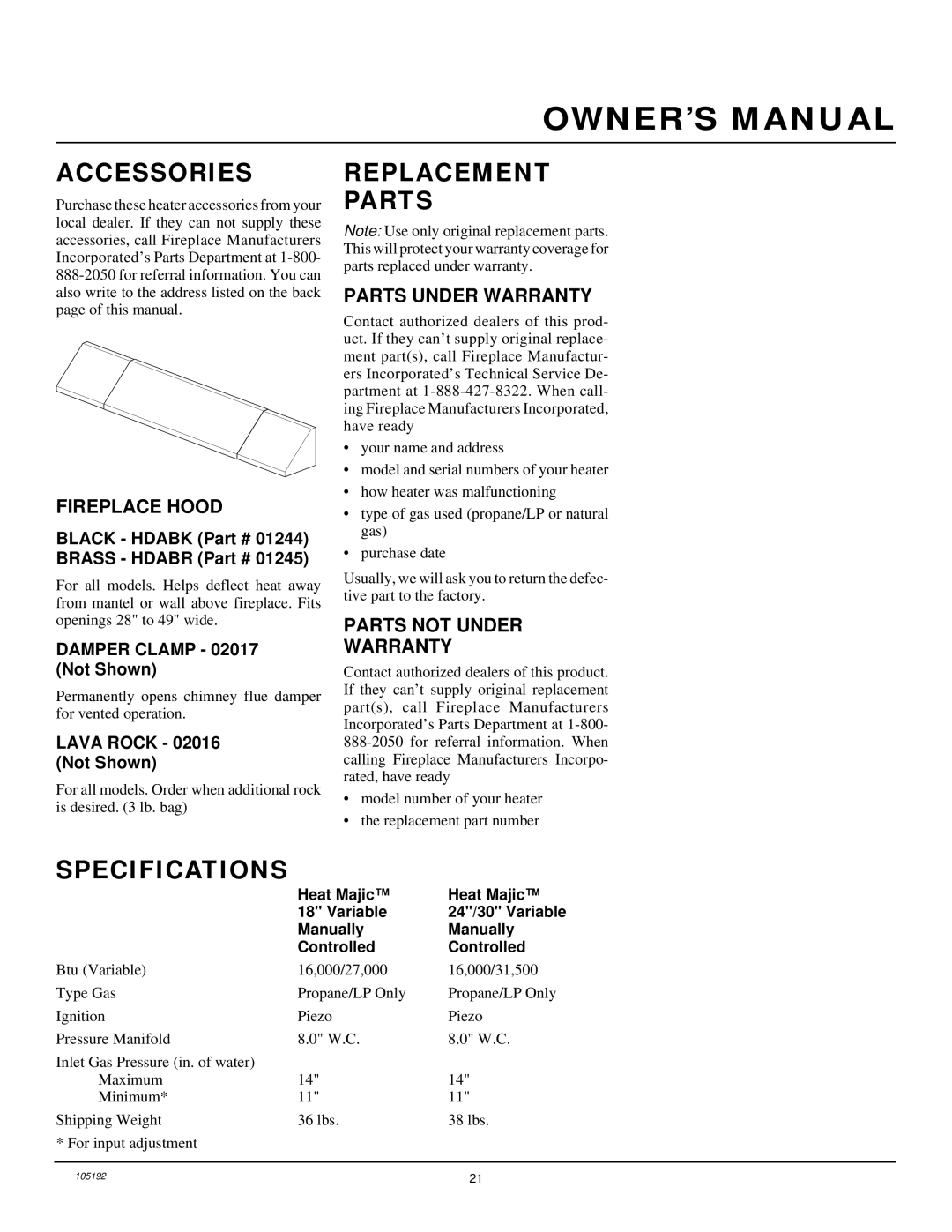 Desa FVF30P, FVF24P, FVF18P installation manual Accessories, Replacement Parts, Specifications 