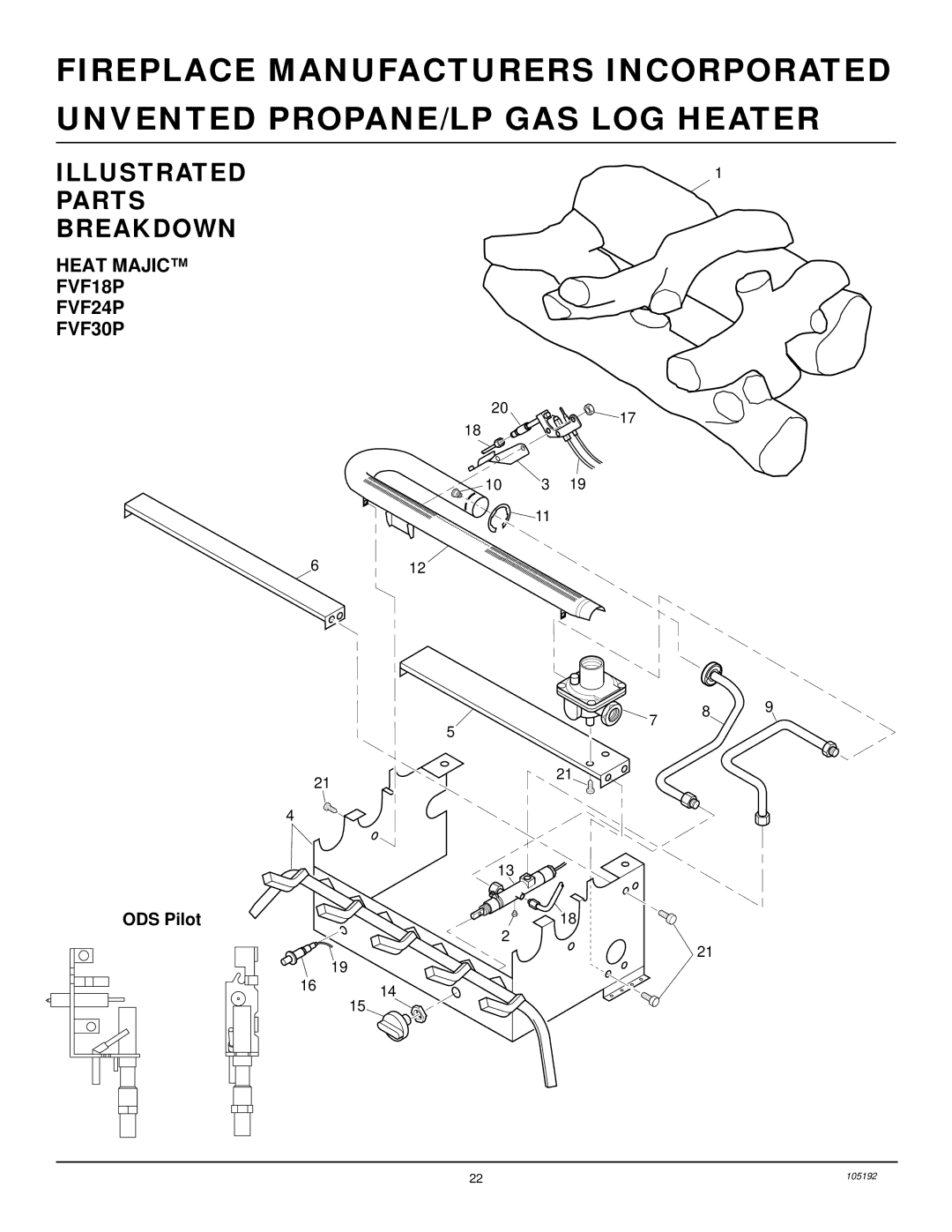 Desa installation manual Illustrated Parts Breakdown, Heat Majic FVF18P FVF24P FVF30P, ODS Pilot 