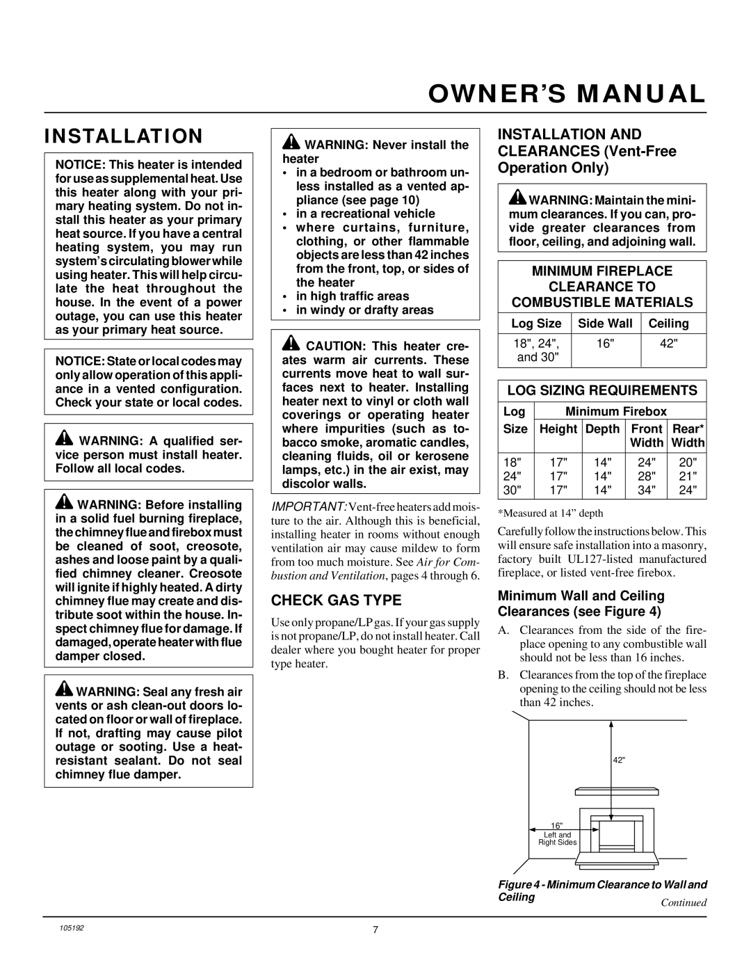 Desa FVF24P, FVF30P, FVF18P installation manual Installation, Check GAS Type, Minimum Wall and Ceiling Clearances see Figure 