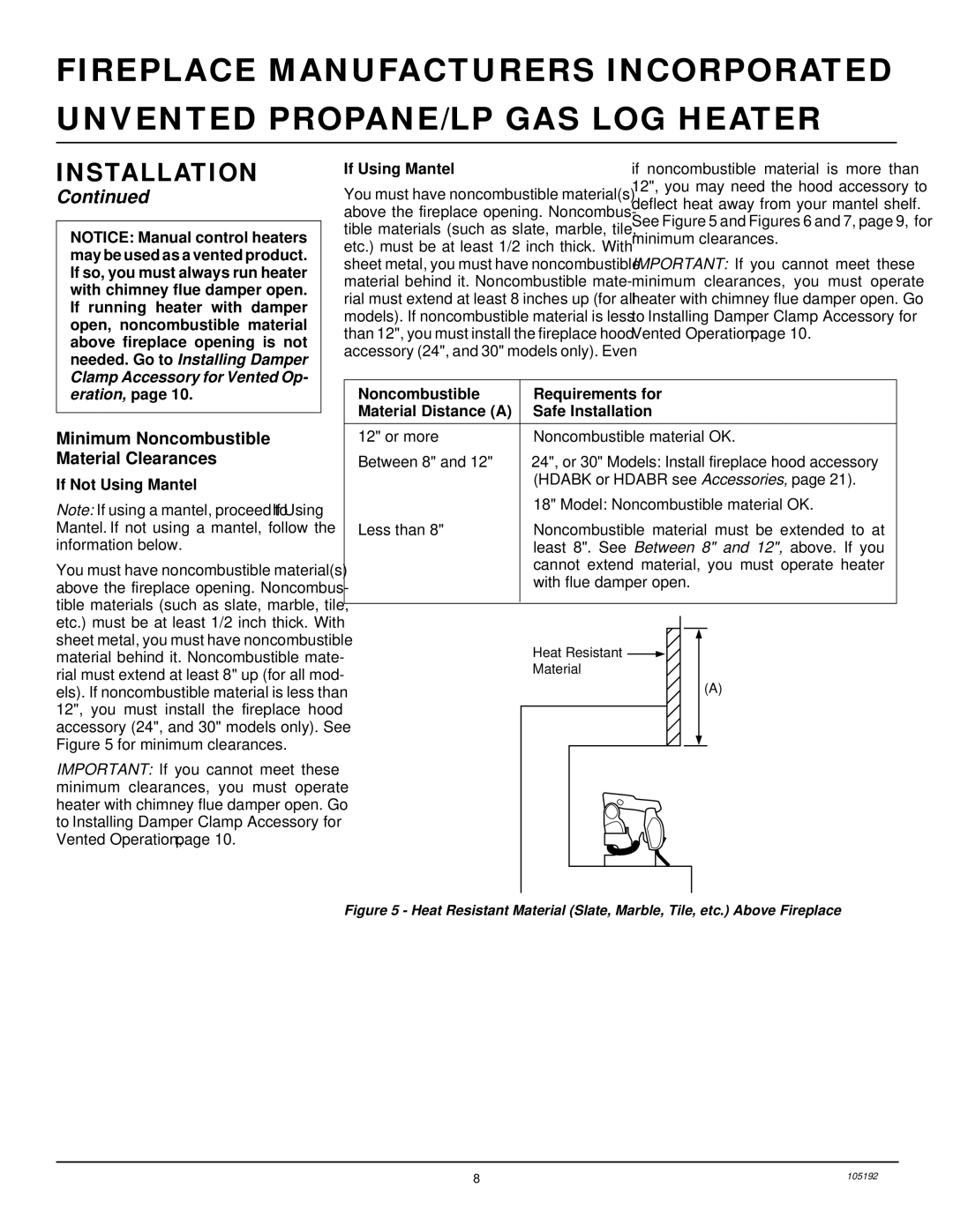 Desa FVF18P, FVF30P, FVF24P Minimum Noncombustible Material Clearances, If Using Mantel, If Not Using Mantel 