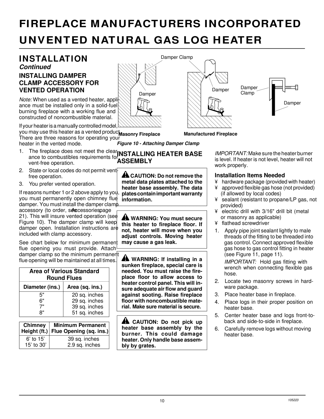 Desa FVFM27NR installation manual Installing Damper Clamp Accessory for Vented Operation, Installing Heater Base Assembly 