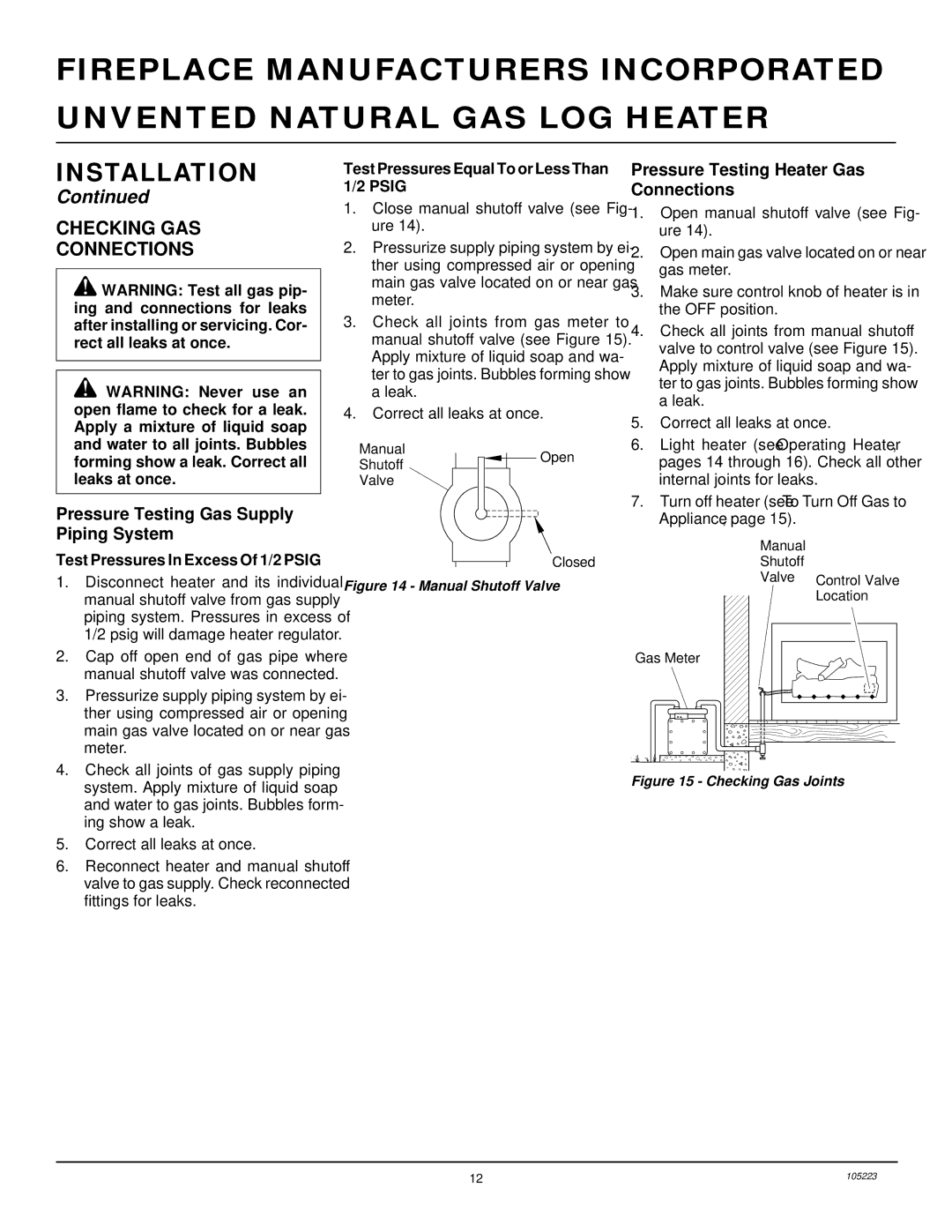 Desa FVFM27NR Checking GAS Connections, Pressure Testing Gas Supply Piping System, Pressure Testing Heater Gas Connections 