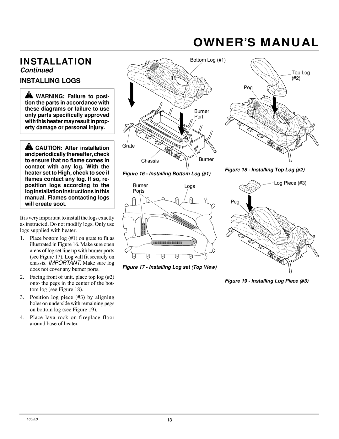 Desa FVFM27NR installation manual Installing Logs, Installing Bottom Log #1 