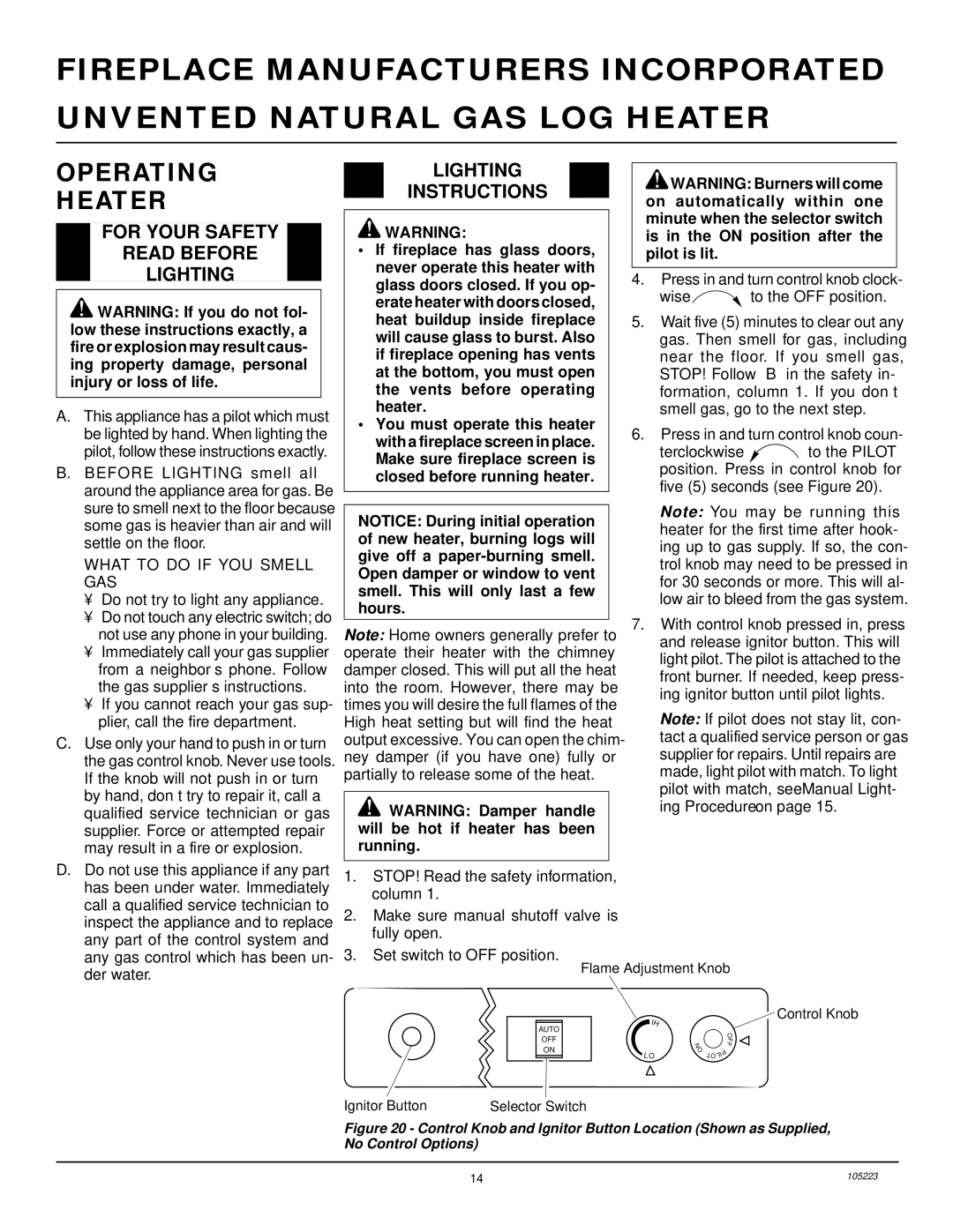 Desa FVFM27NR installation manual Operating Heater, For Your Safety Read Before Lighting, Instructions 