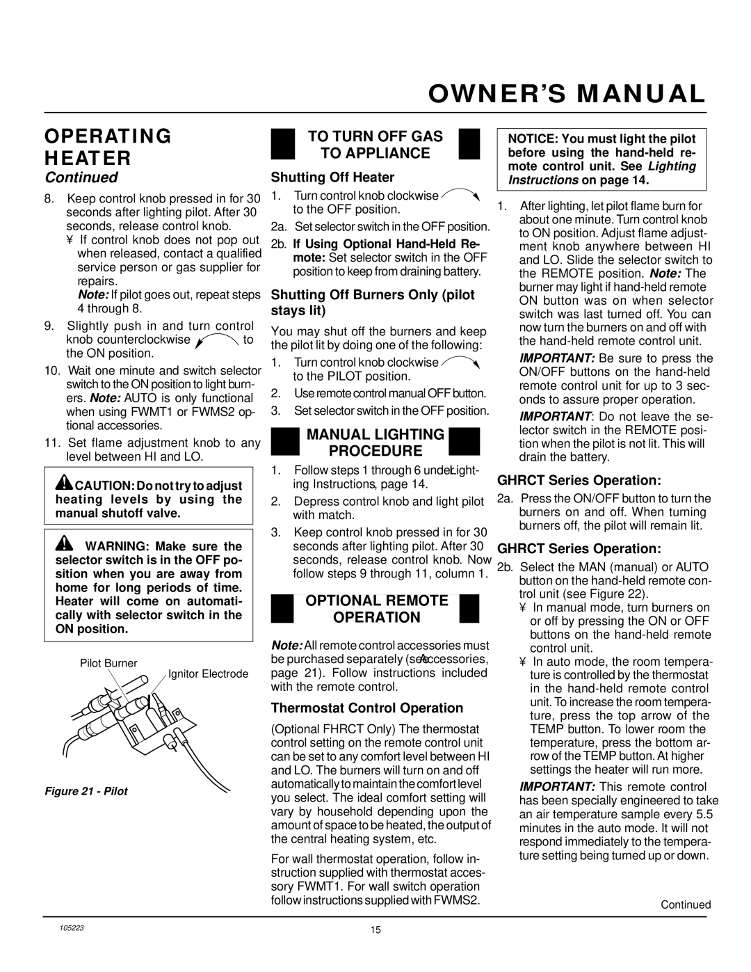 Desa FVFM27NR installation manual To Turn OFF GAS To Appliance, Manual Lighting Procedure, Optional Remote Operation 