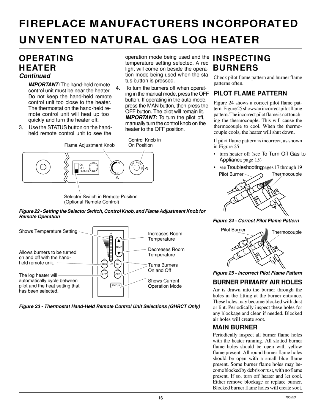 Desa FVFM27NR installation manual Inspecting Burners, Pilot Flame Pattern, Burner Primary AIR Holes, Main Burner 