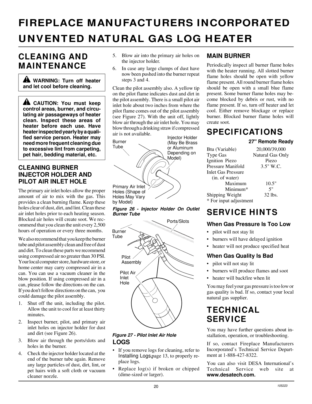 Desa FVFM27NR installation manual Cleaning and Maintenance, Specifications, Service Hints, Technical Service 